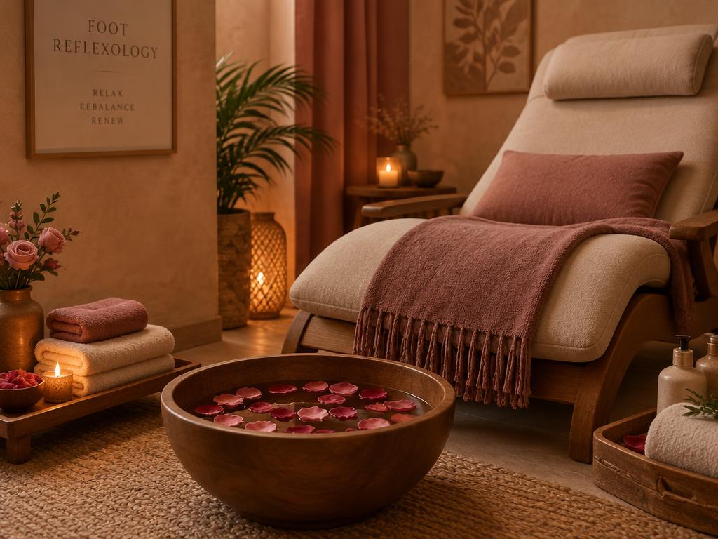 Foot reflexology corner with rose petal soak bowl at Jasmine Massage Services Business Bay Dubai
