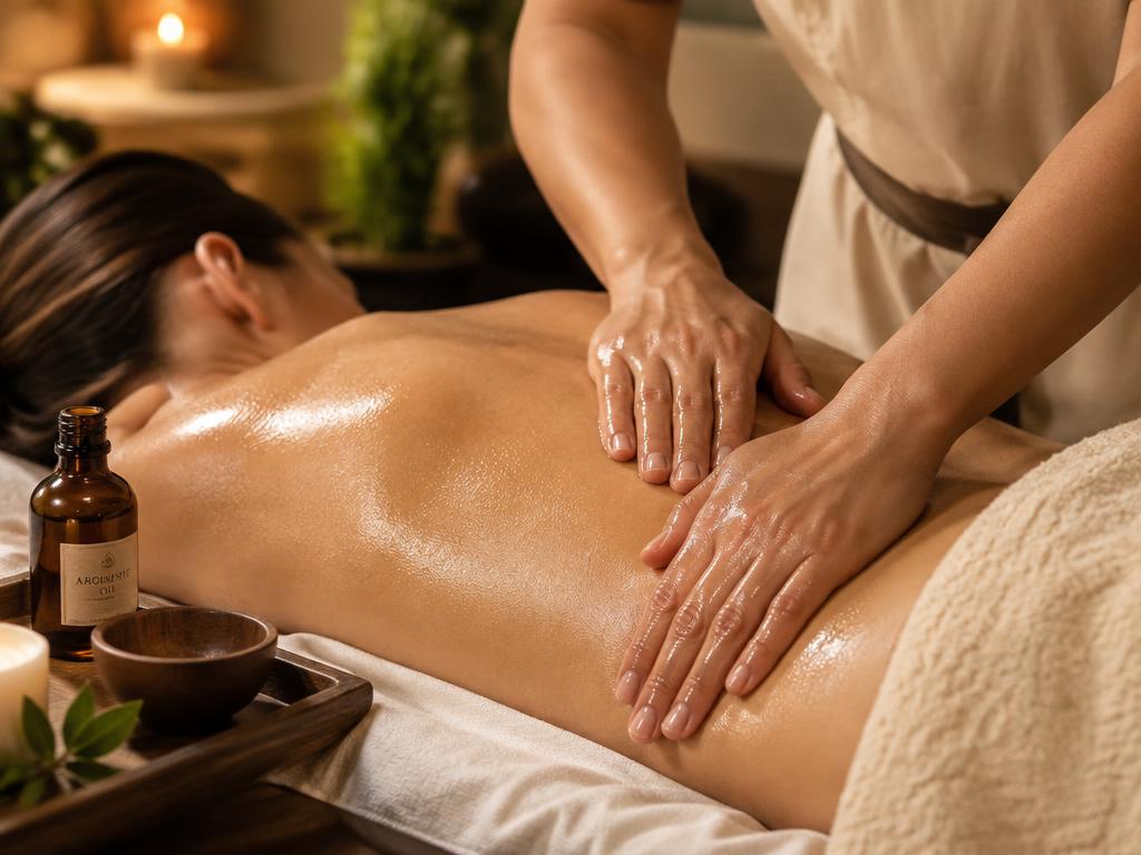 Therapist applying warm herbal oil during an Ayurvedic massage at Jasmine Massage Services in Business Bay Dubai
