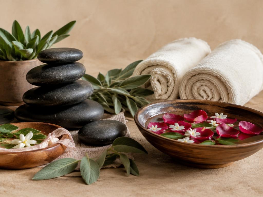 Spa hot stones, towels and jasmine flowers at Jasmine Massage Services Business Bay